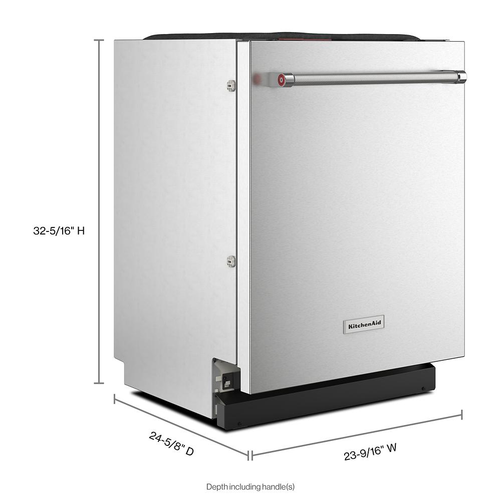 Freestanding stainless steel dishwasher with handle and visible height, width, and depth measurements in kitchen appliance setting