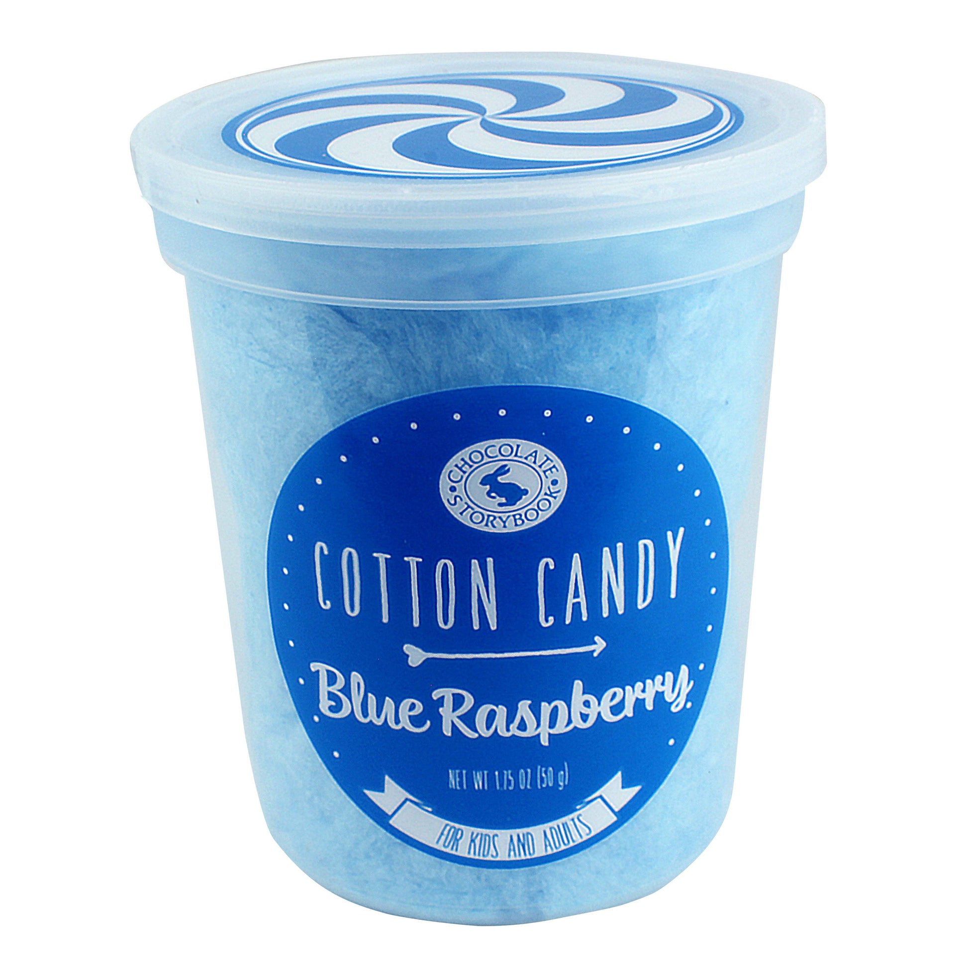 Blue raspberry flavored cotton candy in a clear plastic tub with branded label and swirl lid design