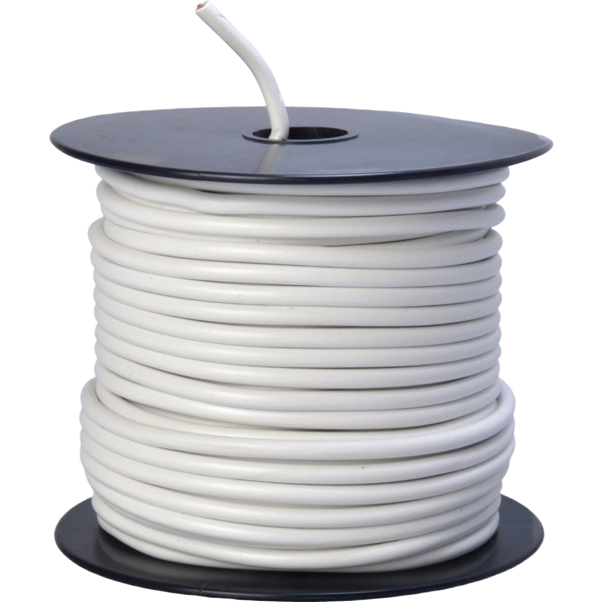Spool of white 12-gauge insulated wire designed for electrical and home improvement applications