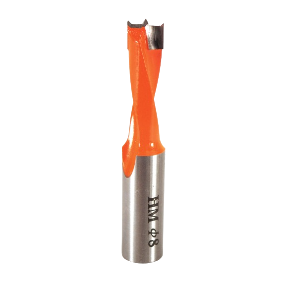 Left hand brad point drill bit with orange coating for precise wood dowel drilling in tool accessories collections