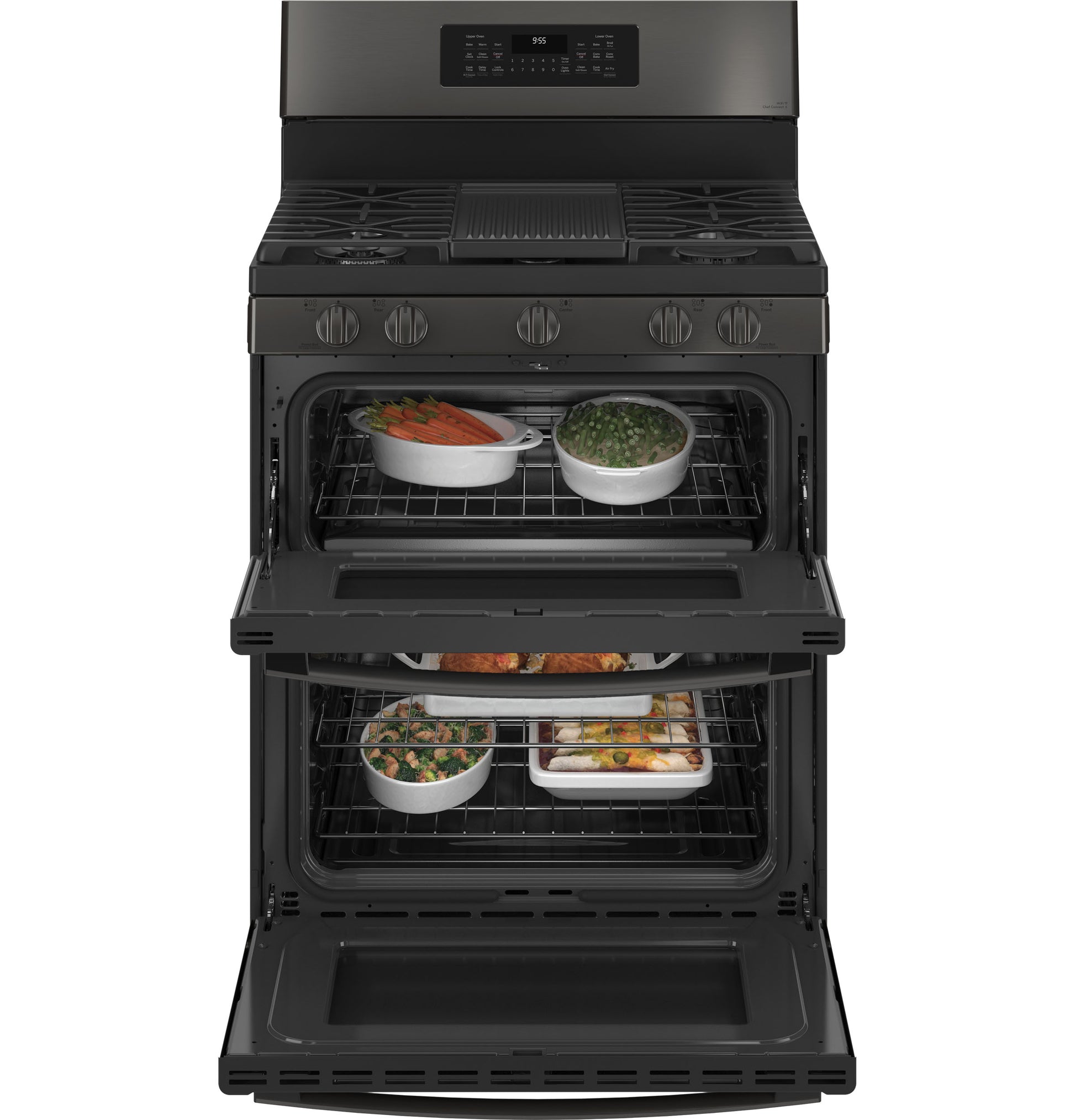 Open view of black free-standing gas range with double ovens cooking multiple dishes in kitchen appliances collection