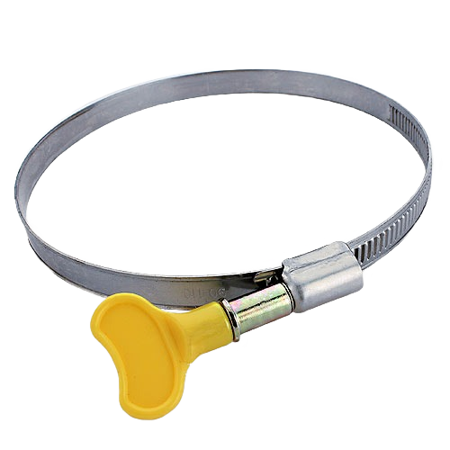 4-inch metal hose clamp with yellow key mechanism for easy hand tightening in woodworking tools and home improvement