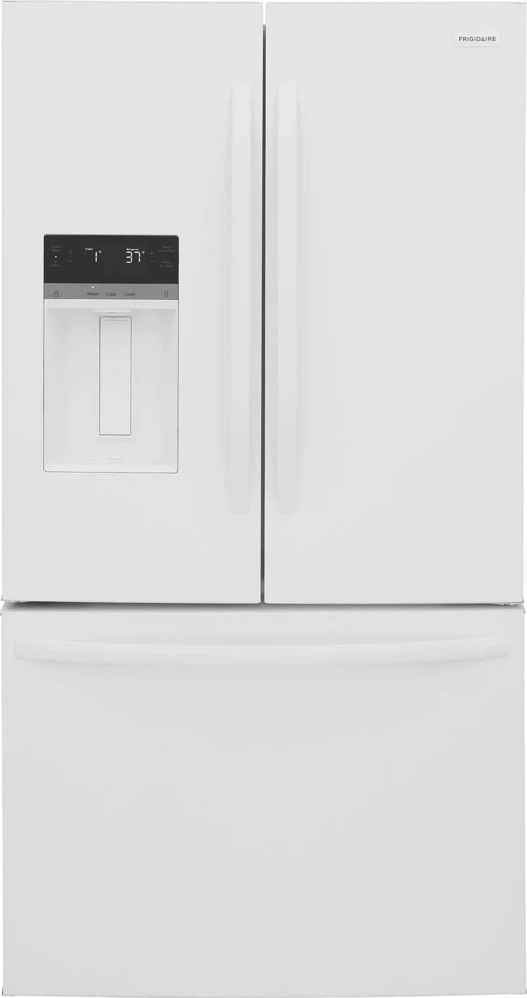 White French door refrigerator with built-in water dispenser and digital temperature controls from kitchen appliances collection