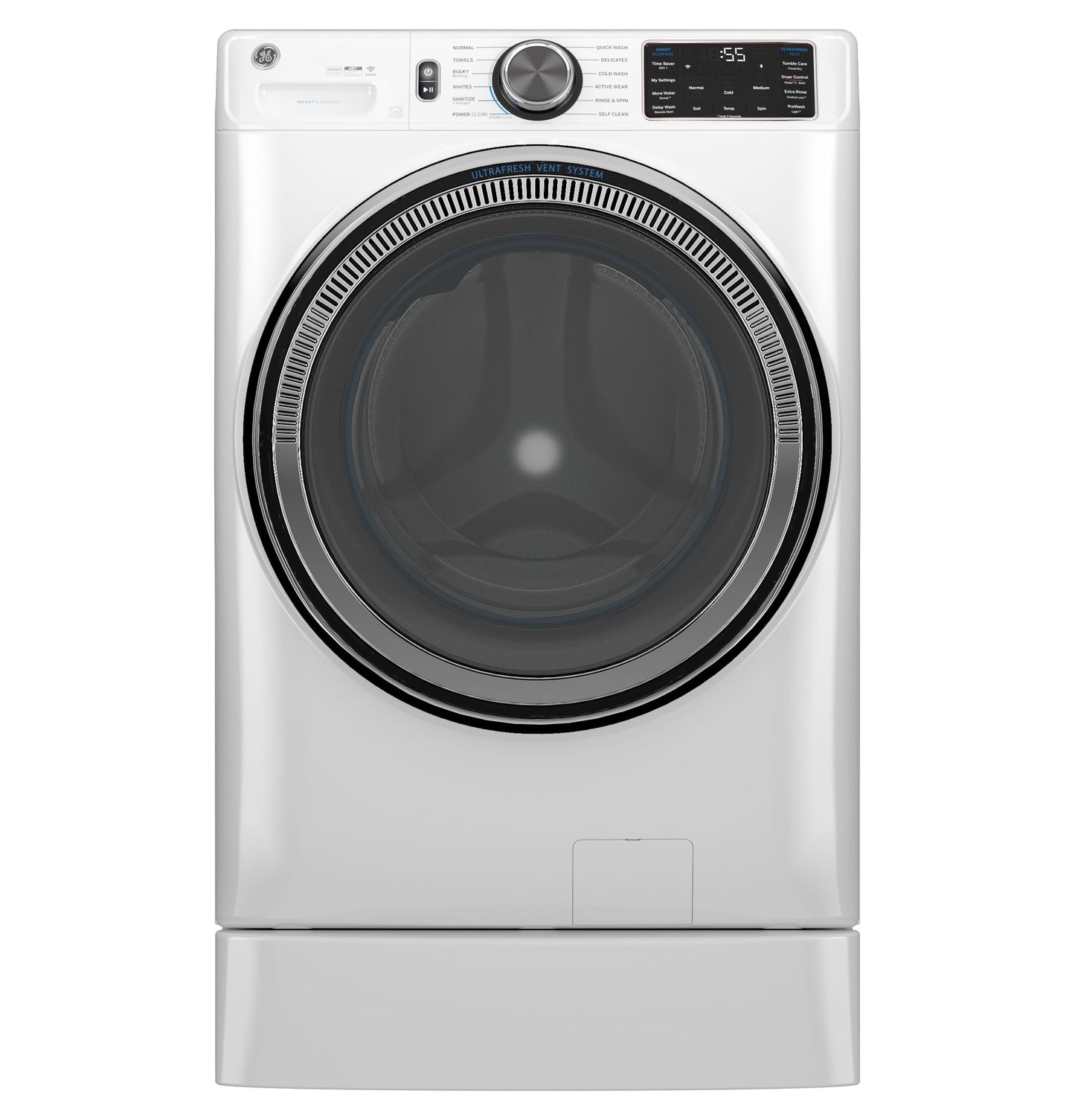Front load white washer with digital controls and large circular door, part of washers and appliances collection