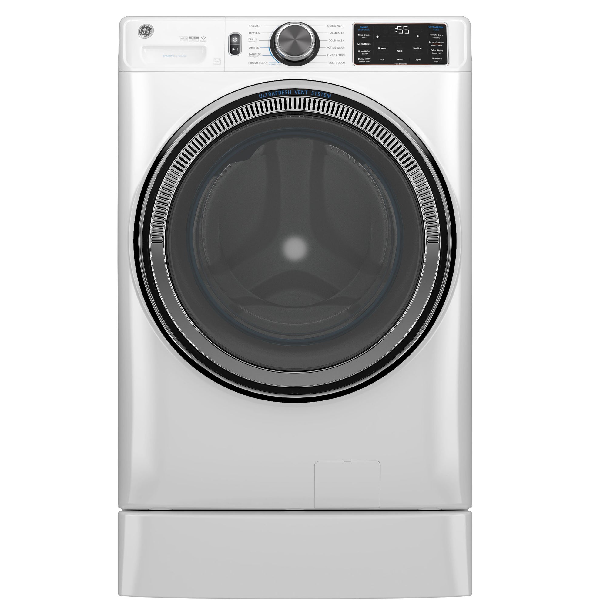 Front load white washer with digital controls and large circular door, part of washers and appliances collection