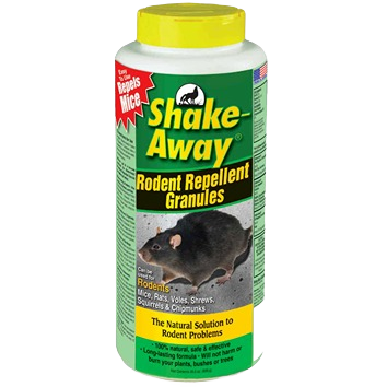Container of Shake Away rodent repellent granules with natural ingredients for use in lawn and garden pest control