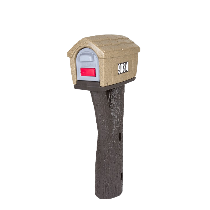 Rustic mailbox with textured tan roof and dark brown wood-like post for outdoor home improvement use
