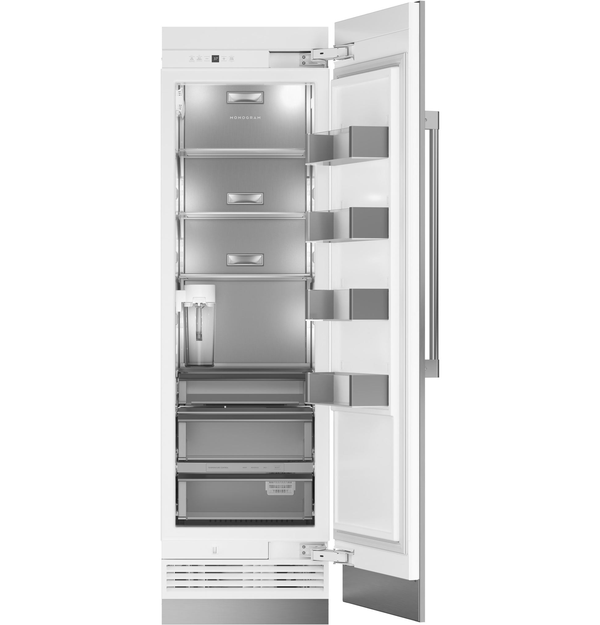 Tall 24-inch panel-ready integrated column refrigerator with open door and adjustable interior storage shelves in appliances collection