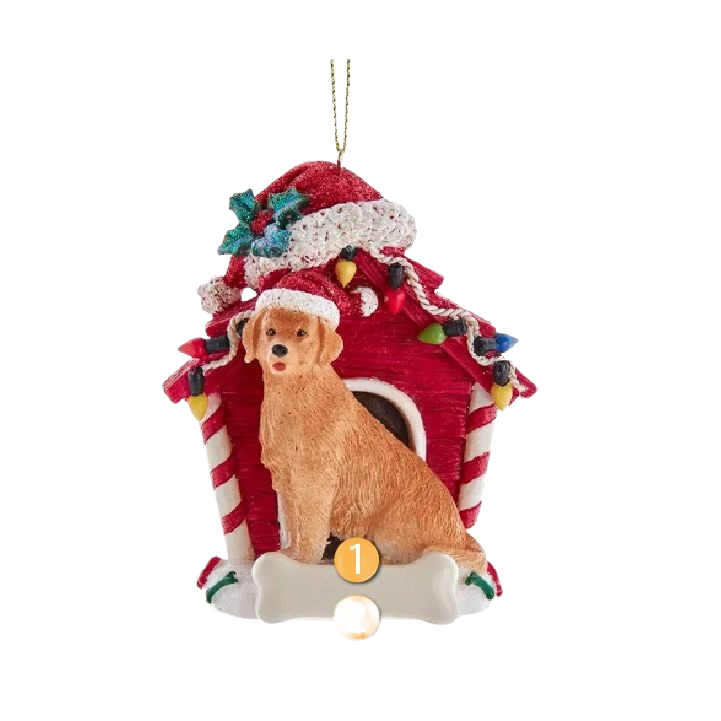 Golden retriever figurine wearing Santa hat sitting in front of red dog house decorated with Christmas lights and holly