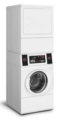 White stacked washer dryer combo with front load washer door and digital control panel for appliance laundry centers