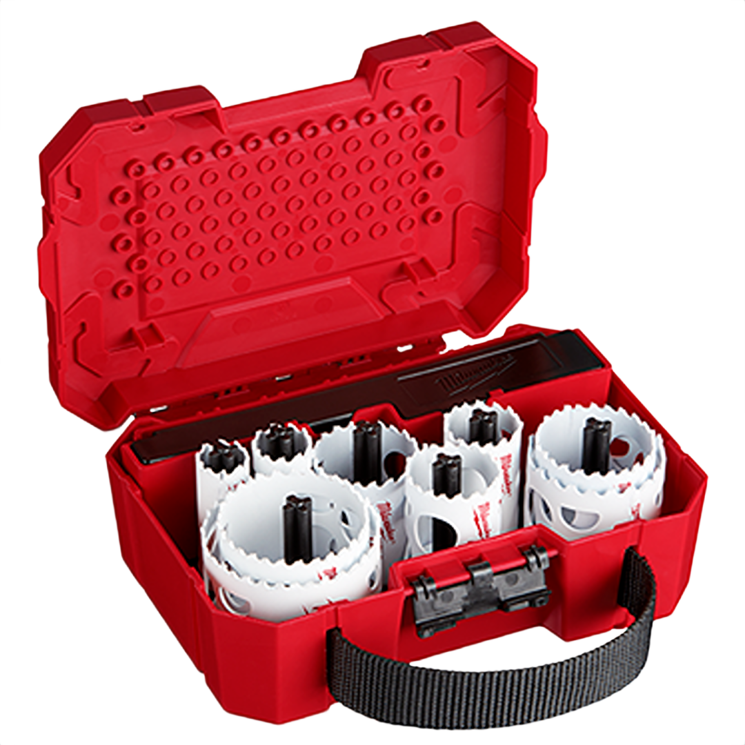 Red plastic case holding bi-metal hole saws with all-access slots for woodworking tools and home improvement projects