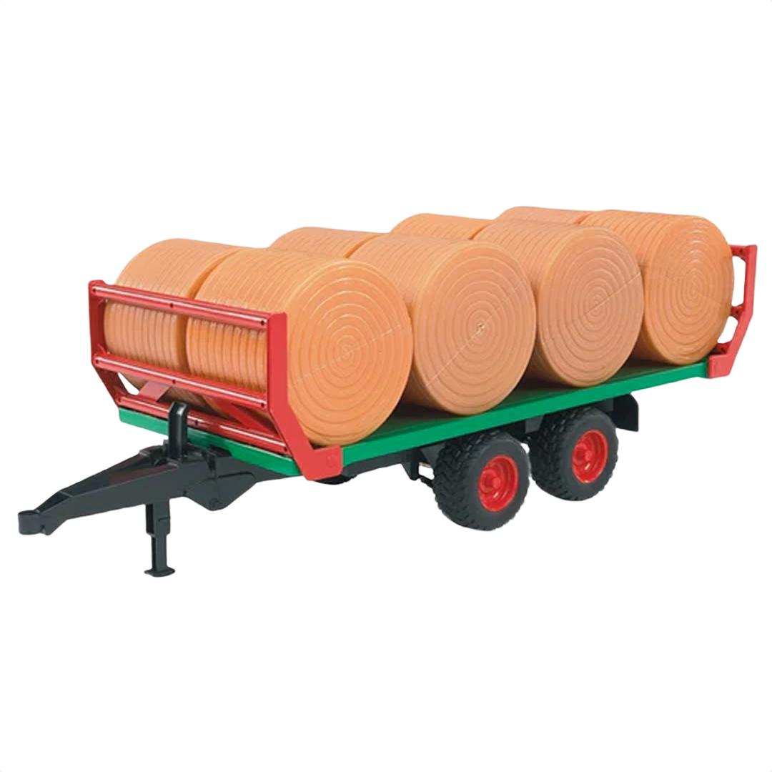 Green and red bale transport trailer carrying eight large round bales for farm or home improvement use