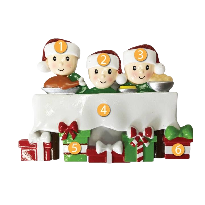 Three cheerful children in Santa hats at decorated dinner table with wrapped gifts, Christmas Ornaments under $50 collection