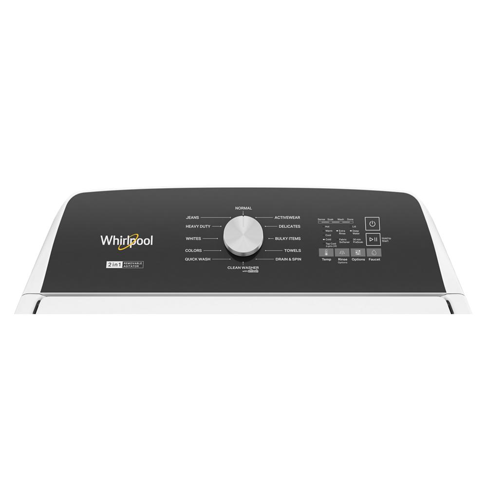 Control panel of white top load Whirlpool washer with various cycle options from washers and appliances collection