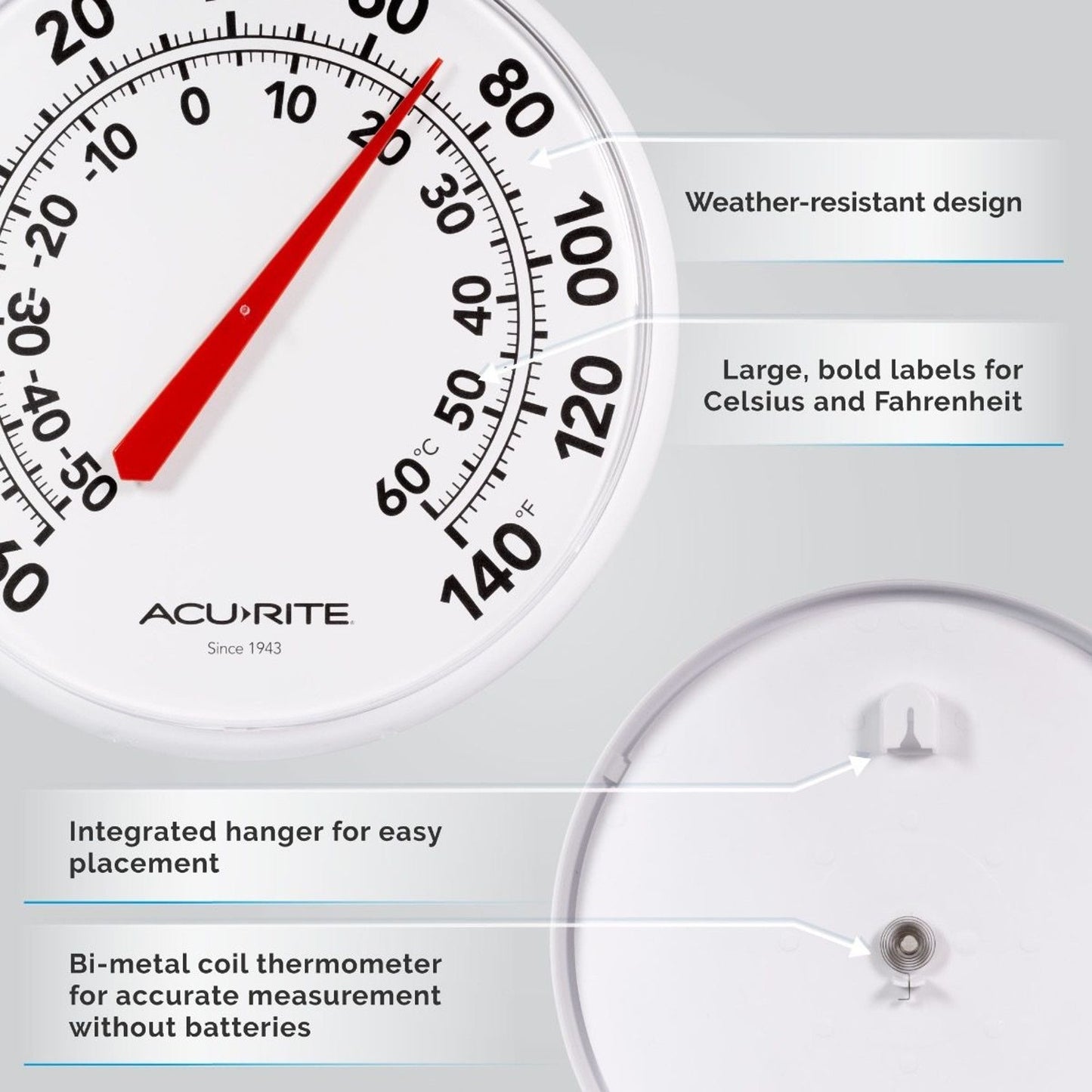 White round dial thermometer with red needle showing temperature in Fahrenheit and Celsius for home improvement use