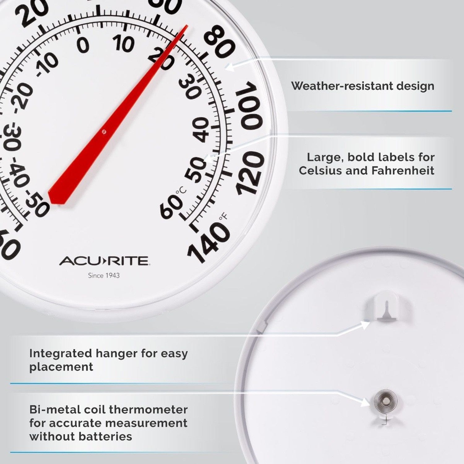 White round dial thermometer with red needle showing temperature in Fahrenheit and Celsius for home improvement use