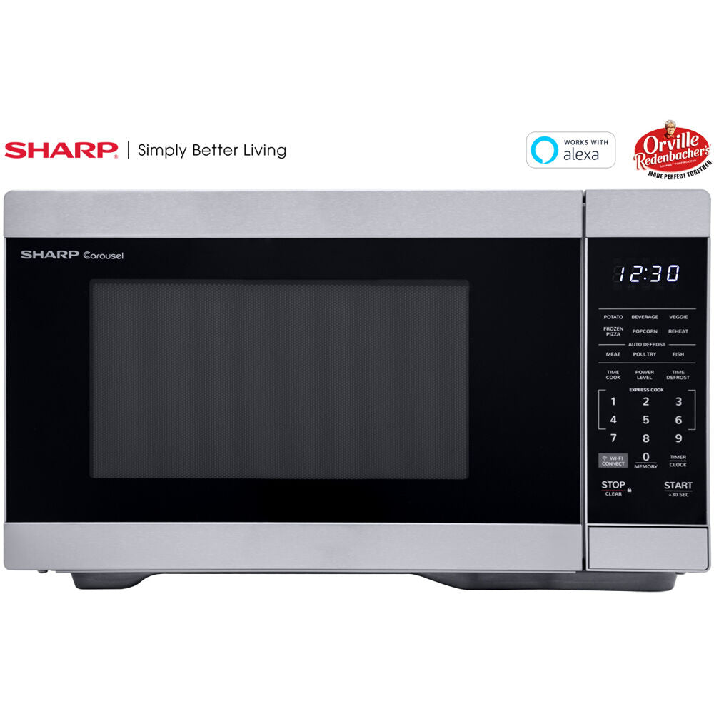 Stainless steel smart countertop microwave oven with digital control panel and Alexa compatibility in kitchen appliances collection