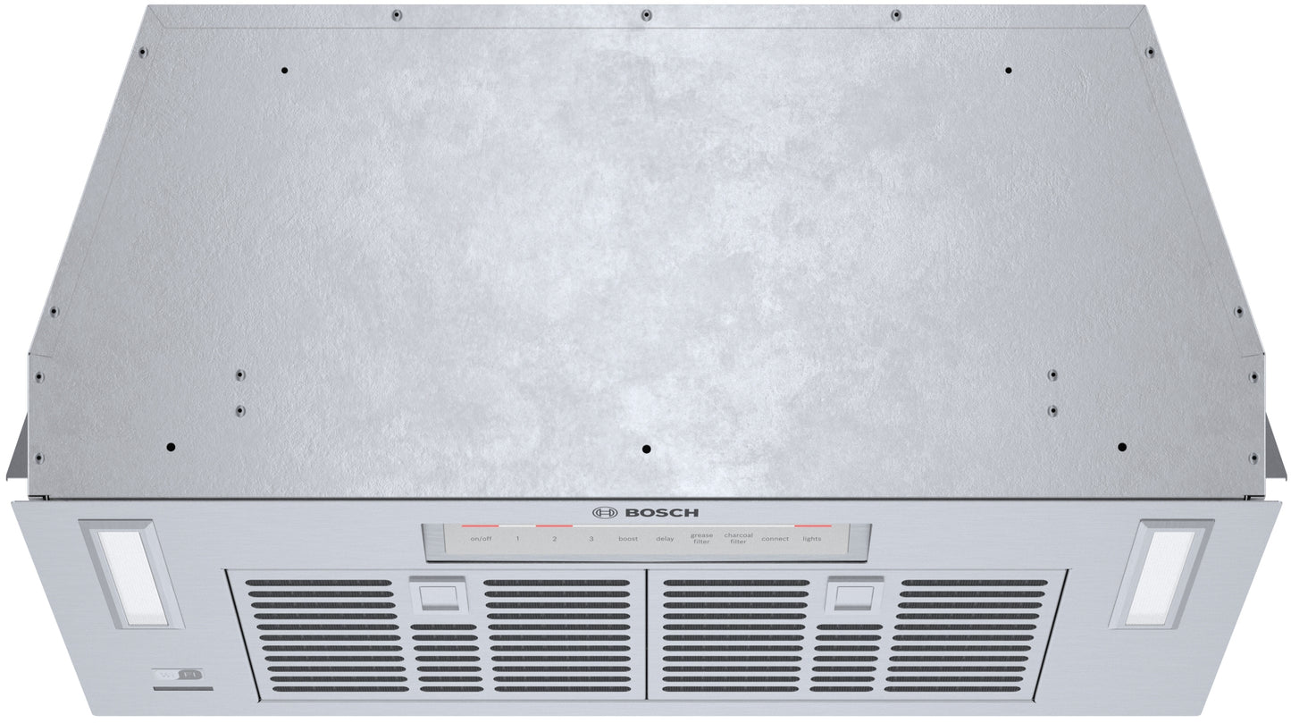 Built-in stainless steel insert hood with LED lighting and dishwasher-safe filters from Bosch Appliances collection