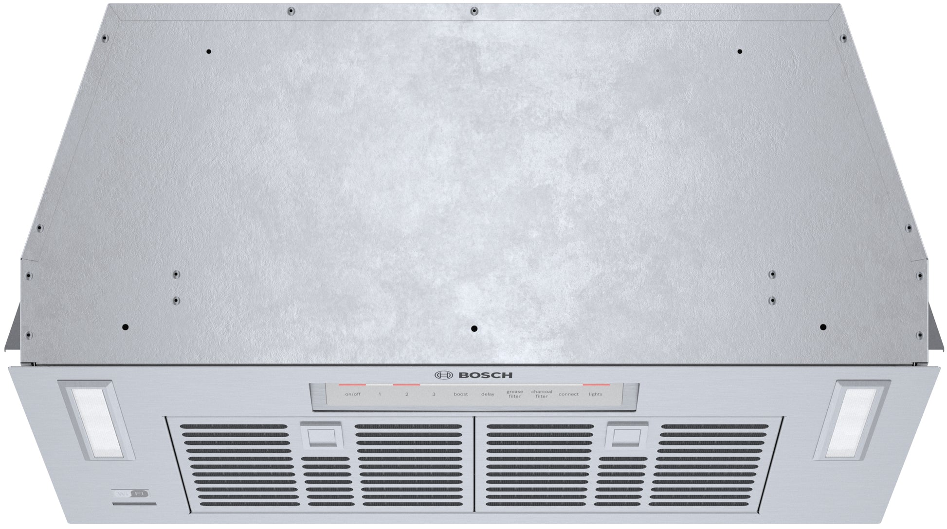 Built-in stainless steel insert hood with LED lighting and dishwasher-safe filters from Bosch Appliances collection