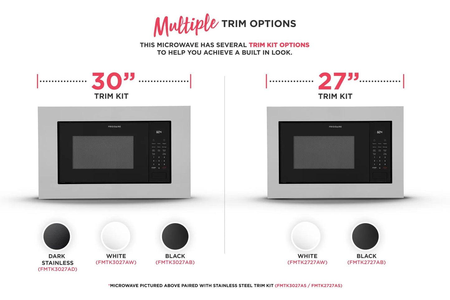 Two built-in microwaves shown with 30" and 27" trim kit options in white, black, and dark stainless finishes.