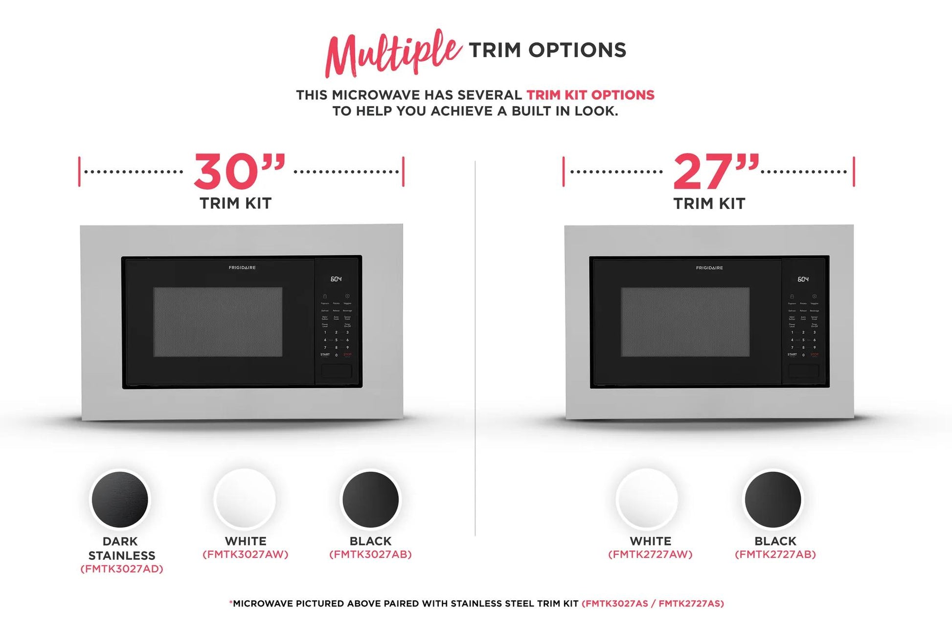 Two built-in microwaves shown with 30" and 27" trim kit options in white, black, and dark stainless finishes.