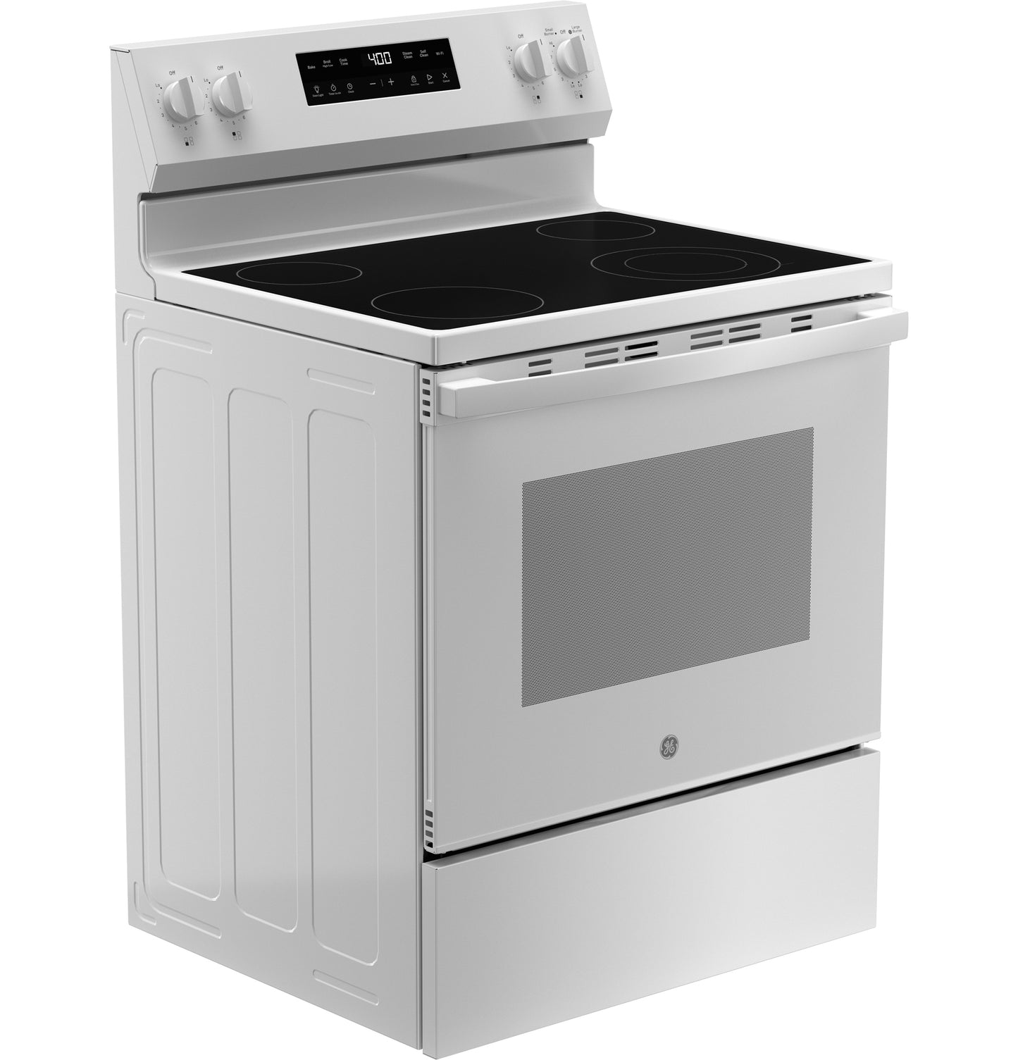 White free-standing electric range with smooth glass cooktop and digital control panel from kitchen appliances collection