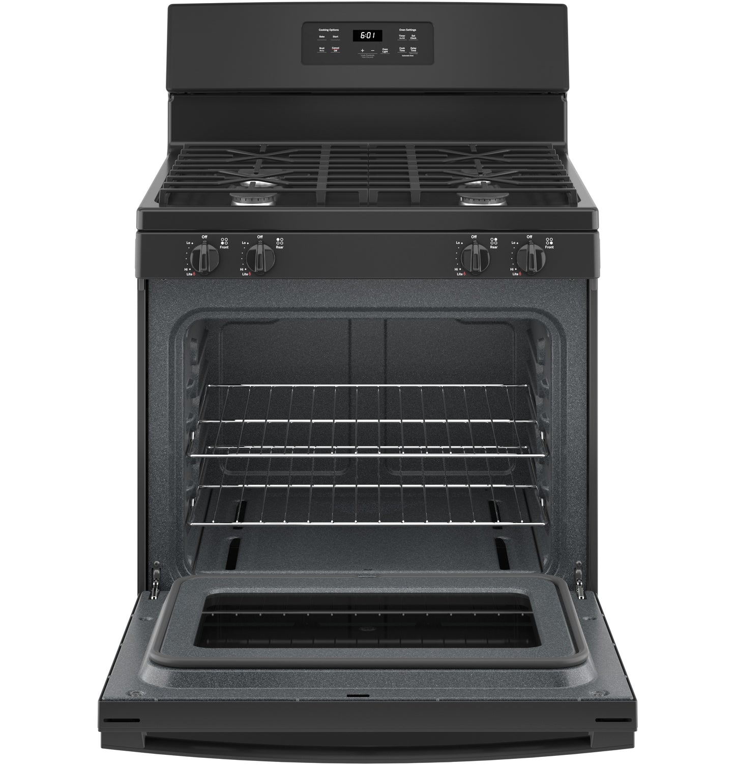 Open black free-standing gas range with four burners and two oven racks from Ranges and Gas Ranges collections
