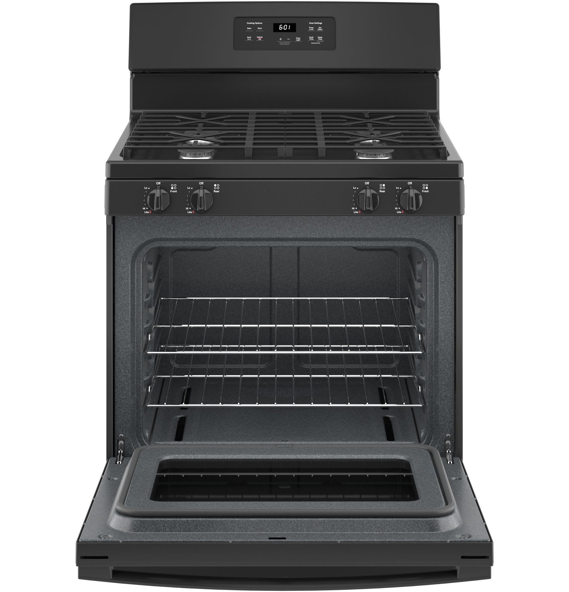 Open black free-standing gas range with four burners and two oven racks from Ranges and Gas Ranges collections