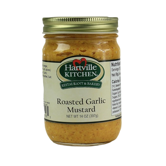 Glass jar of Hartville Kitchen roasted garlic mustard with gold lid from condiments and sauces collection under $50