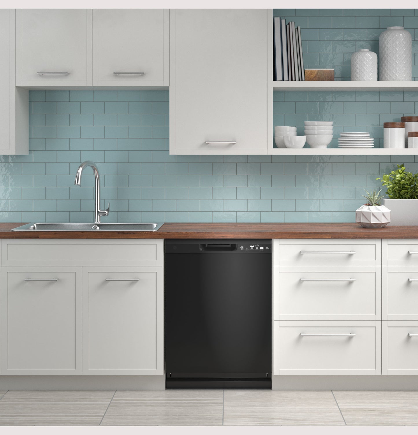Black built-in dishwasher with front controls integrated into white cabinetry in modern kitchen and appliances collection
