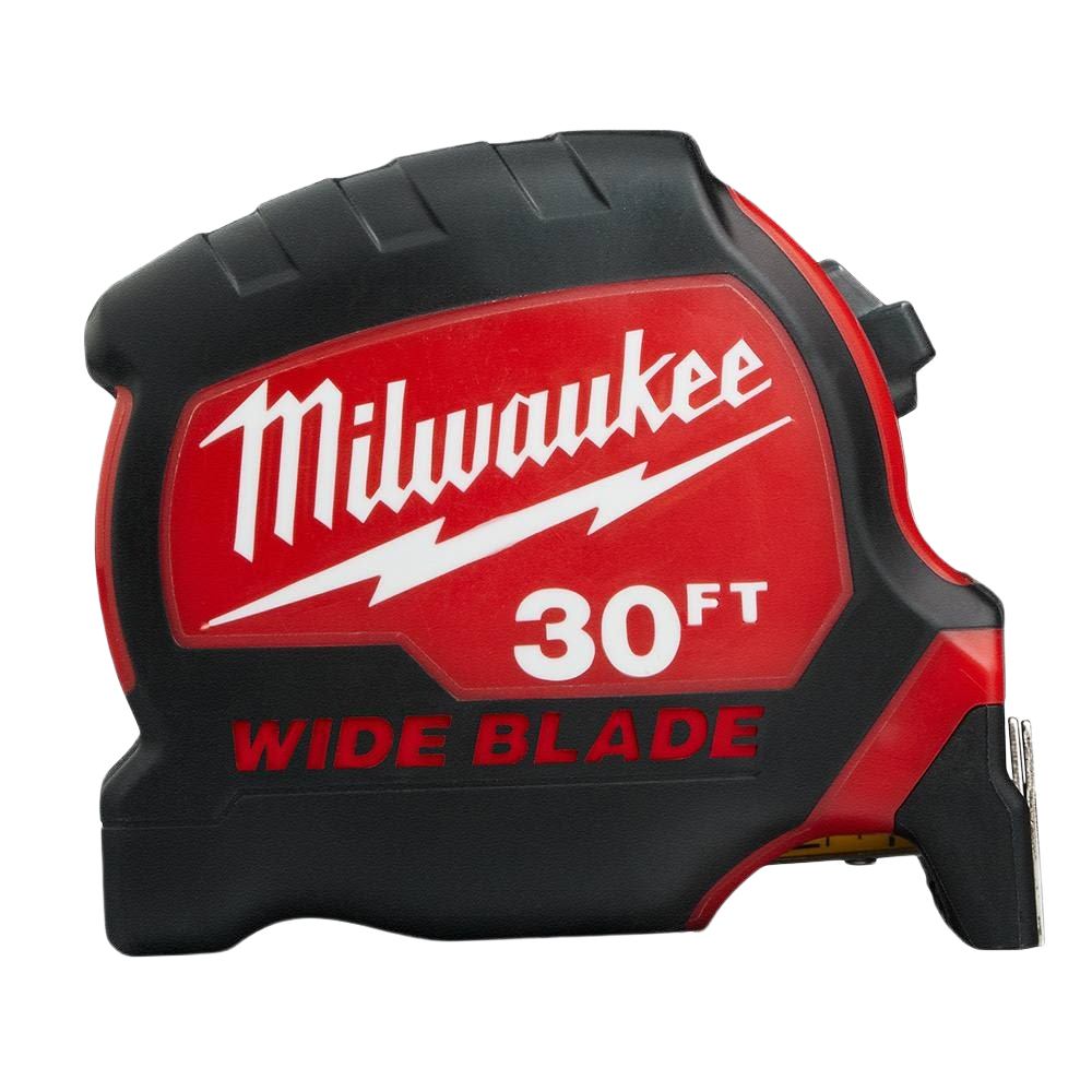 Compact red and black Milwaukee 30-foot tape measure with wide blade for precise measurements in hand and woodworking tools collections