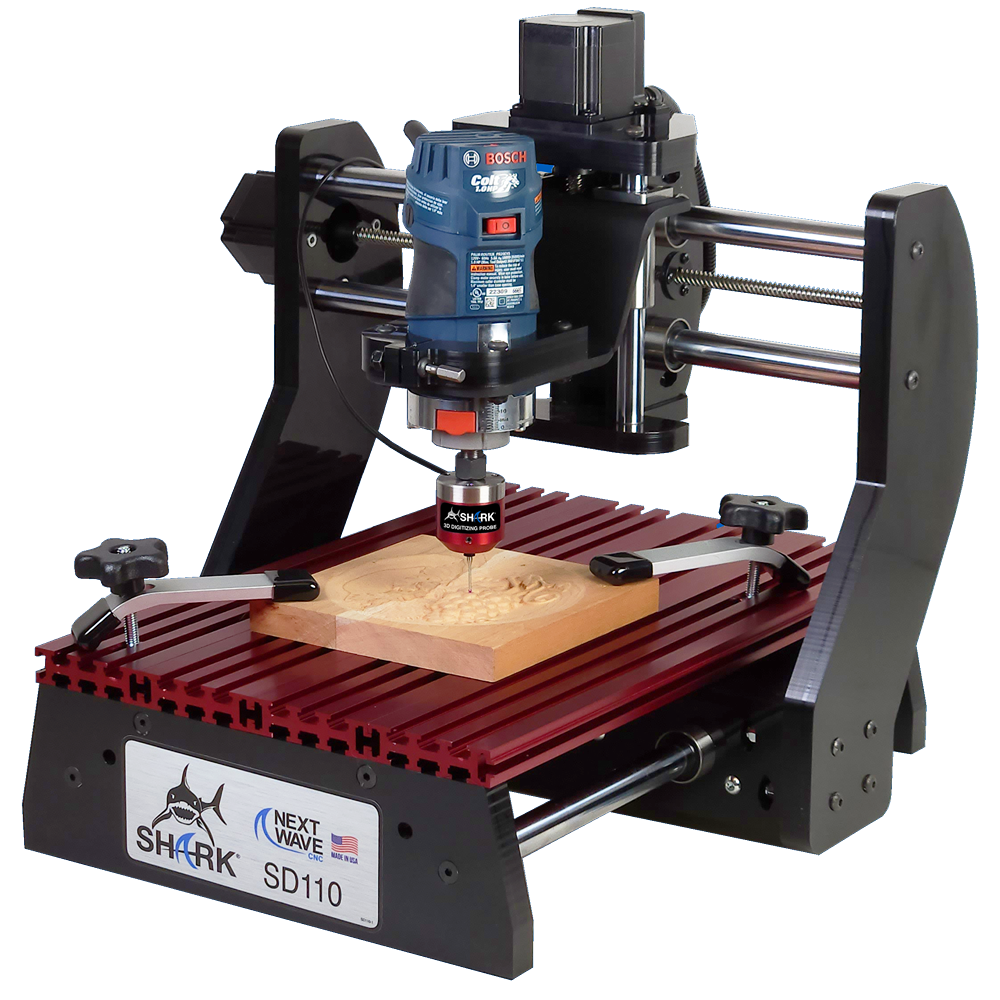 Compact CNC router with mounted blue Bosch motor carving detailed wooden piece on red metal base for woodworking tools