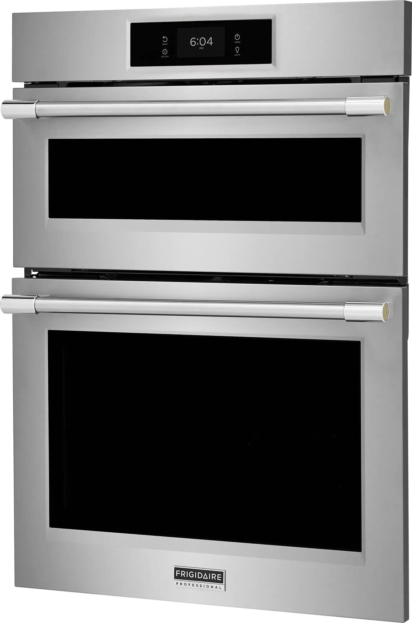 Brushed stainless steel wall oven and microwave combo with digital touch control and sleek horizontal handles
