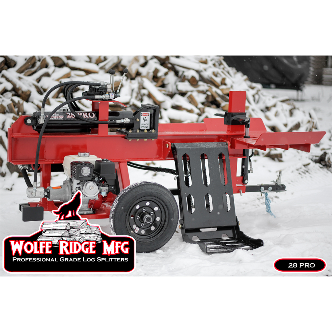 Red and black Wolfe Ridge 28 ton log splitter outdoors on snow-covered ground with stacked firewood behind