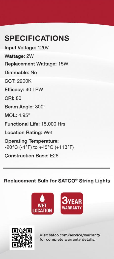 Specification details for a 2-watt clear LED replacement bulb with E26 base and wet location rating