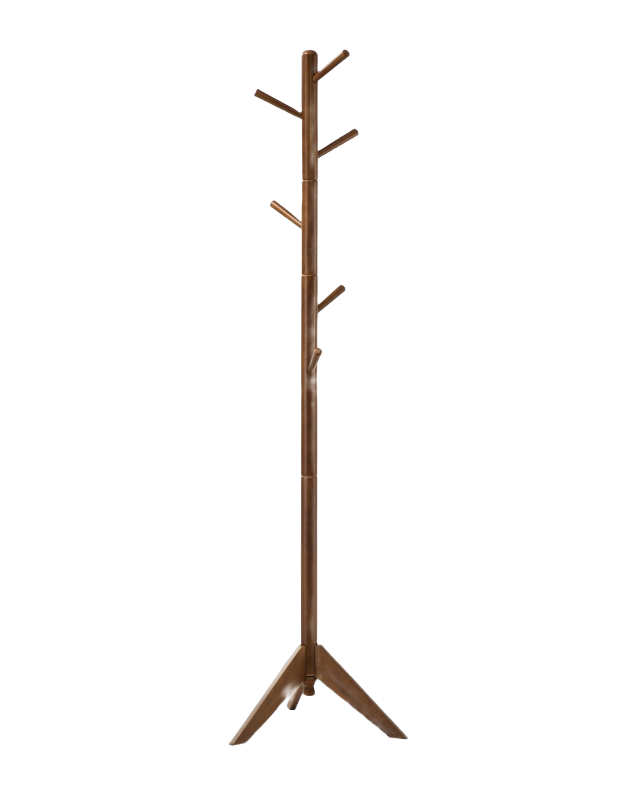 Walnut wooden coat rack with six branches and tripod base for organizing outerwear in home spaces