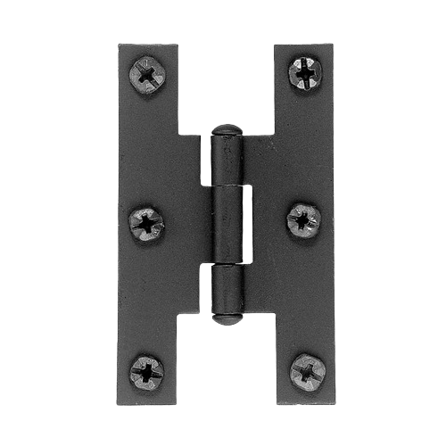 Black iron H hinge with six screws for doors and cabinets in hardware and home improvement tools collections