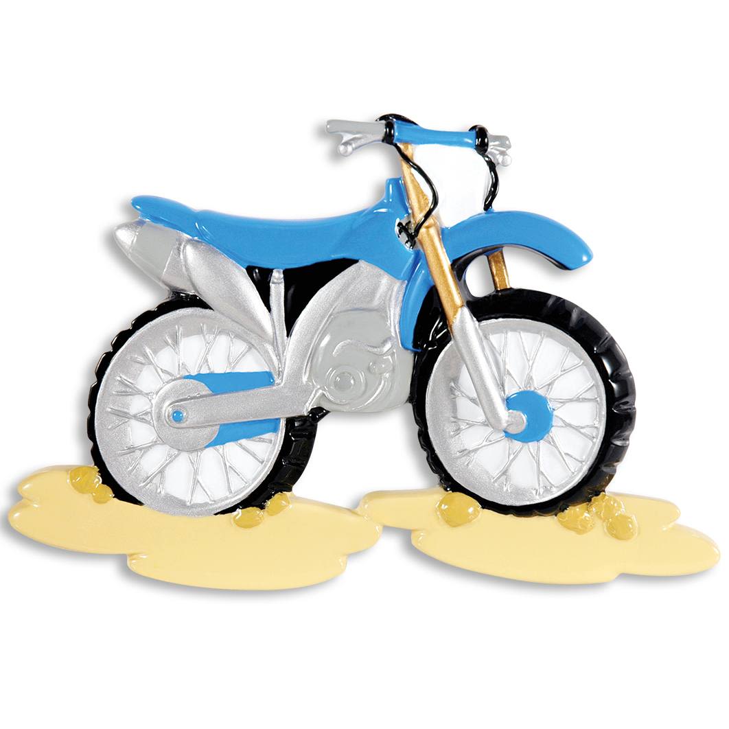 Blue and silver motocross bike ornament with black tires on yellow mud splash for Christmas Ornaments & Tree Decorations under $50