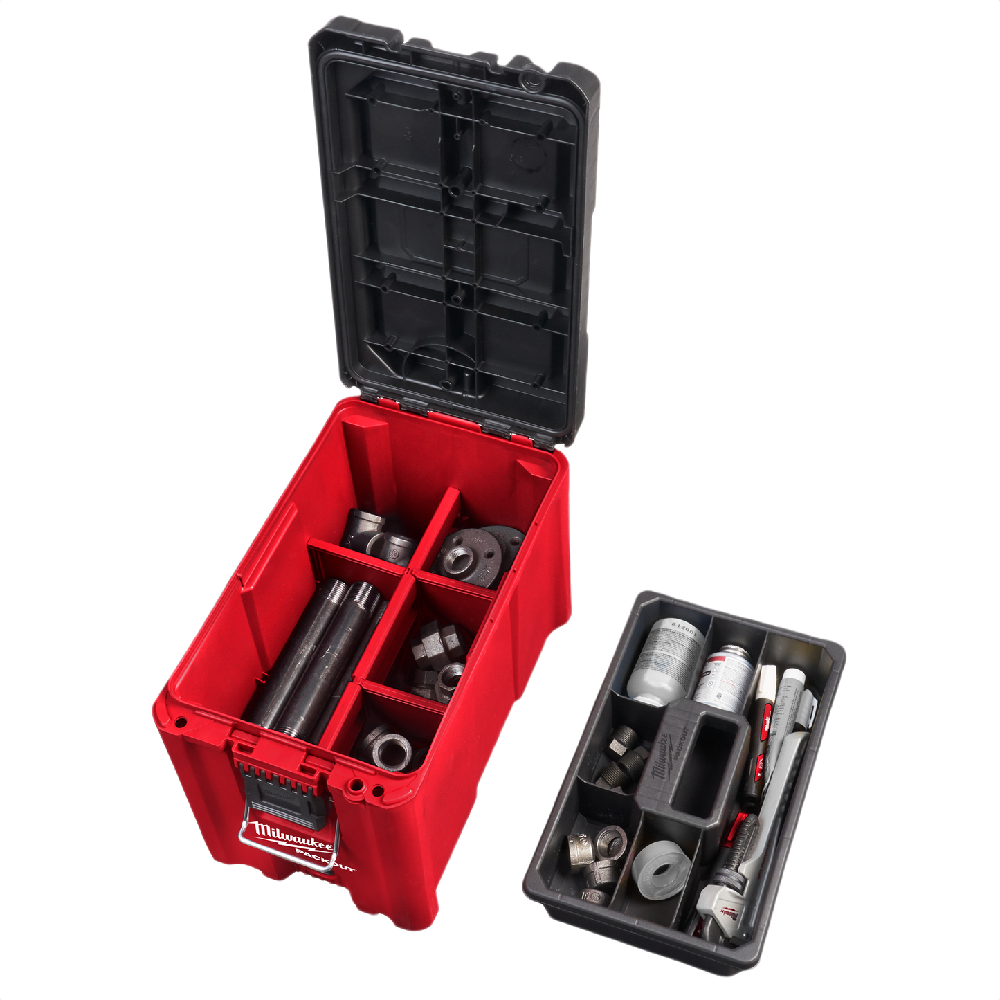 Red and black compact storage box with divided interior and removable tray for tool and hardware organization