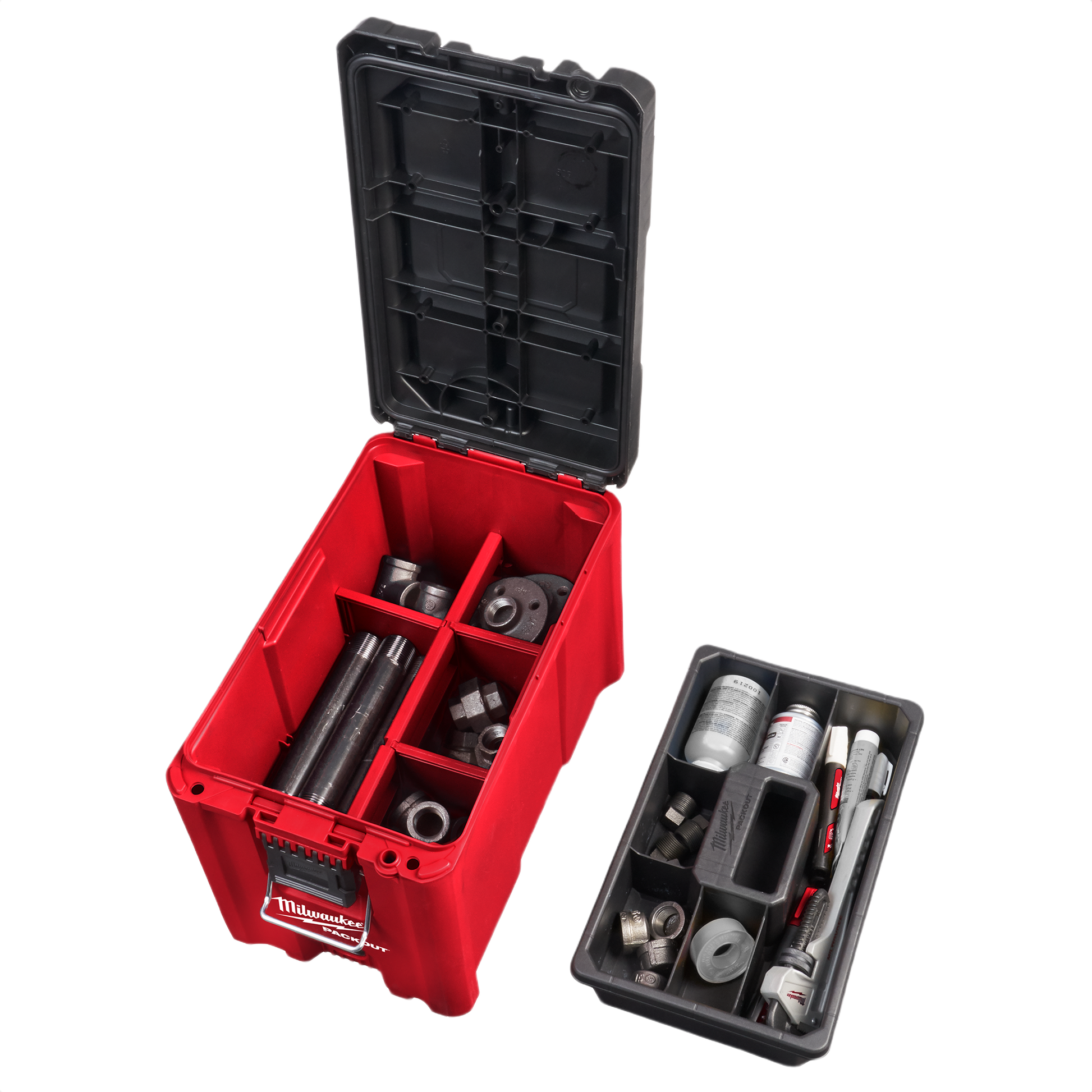 Red and black compact storage box with divided interior and removable tray for tool and hardware organization