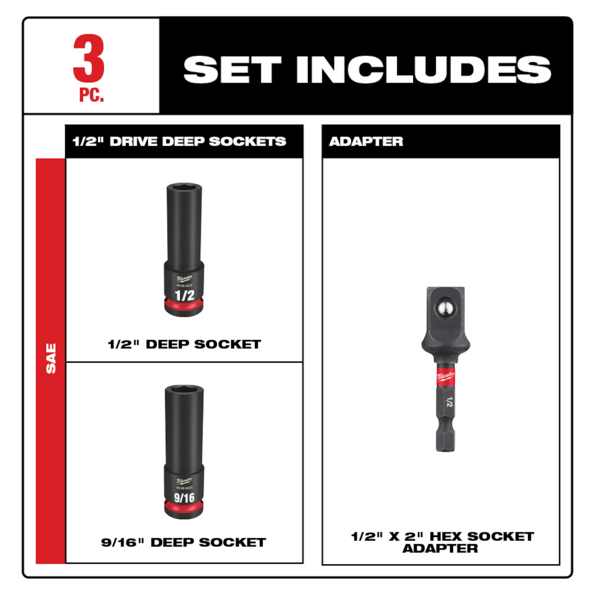 Set of three black impact deep sockets and a hex socket adapter for home improvement and tools tasks