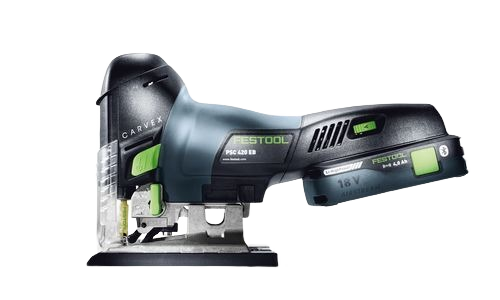 Cordless barrel grip jigsaw in blue and black with green accents, part of Festool cordless power tools collection
