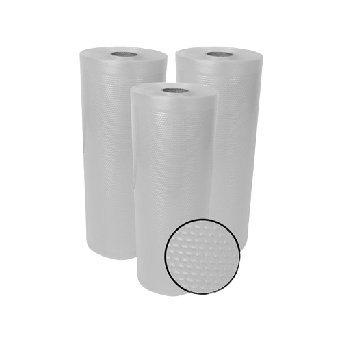 Three translucent textured vacuum seal bag rolls for kitchen and food storage organization purposes