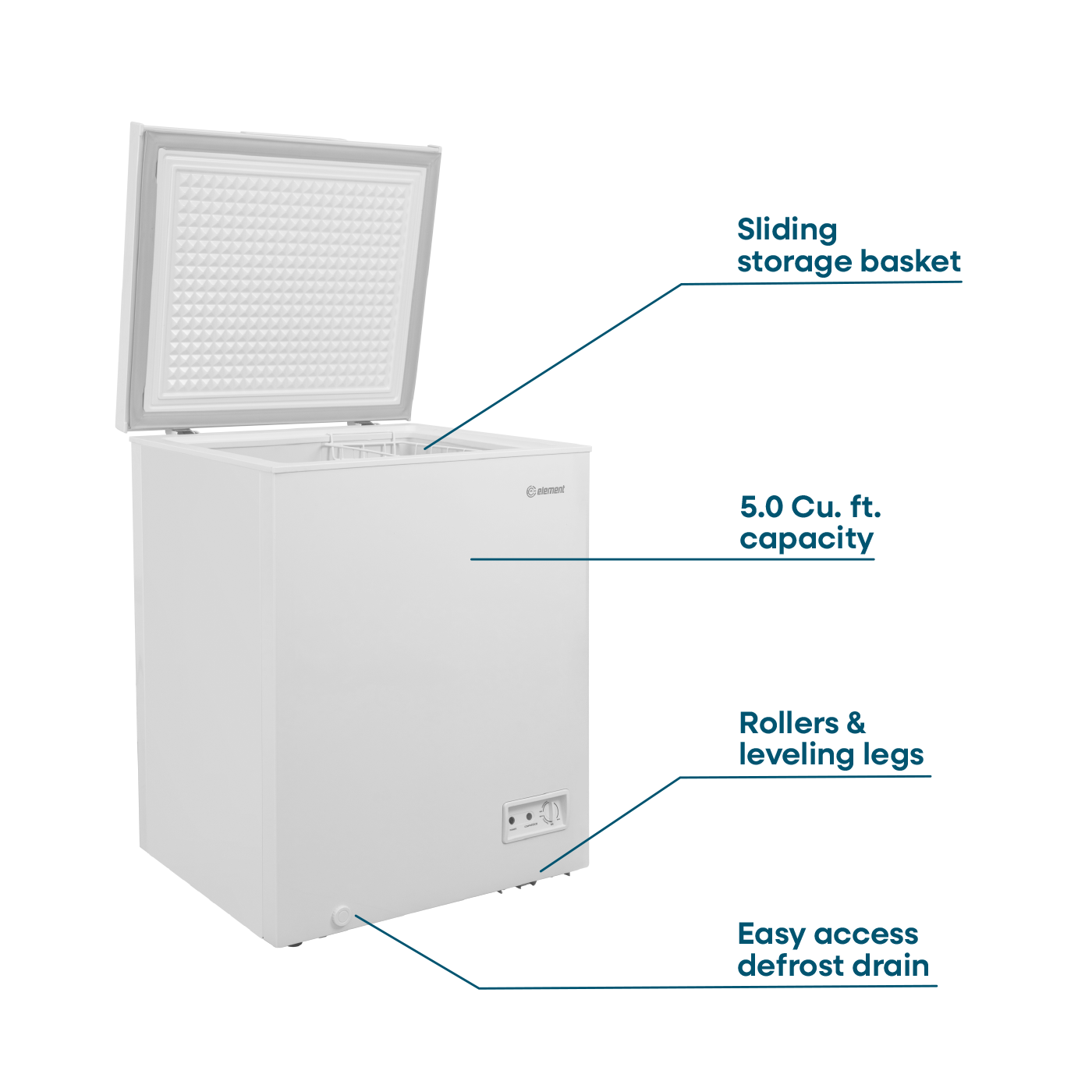 White chest freezer with open lid, sliding basket, defrost drain, and leveling legs in Freezers & Ice Makers collection