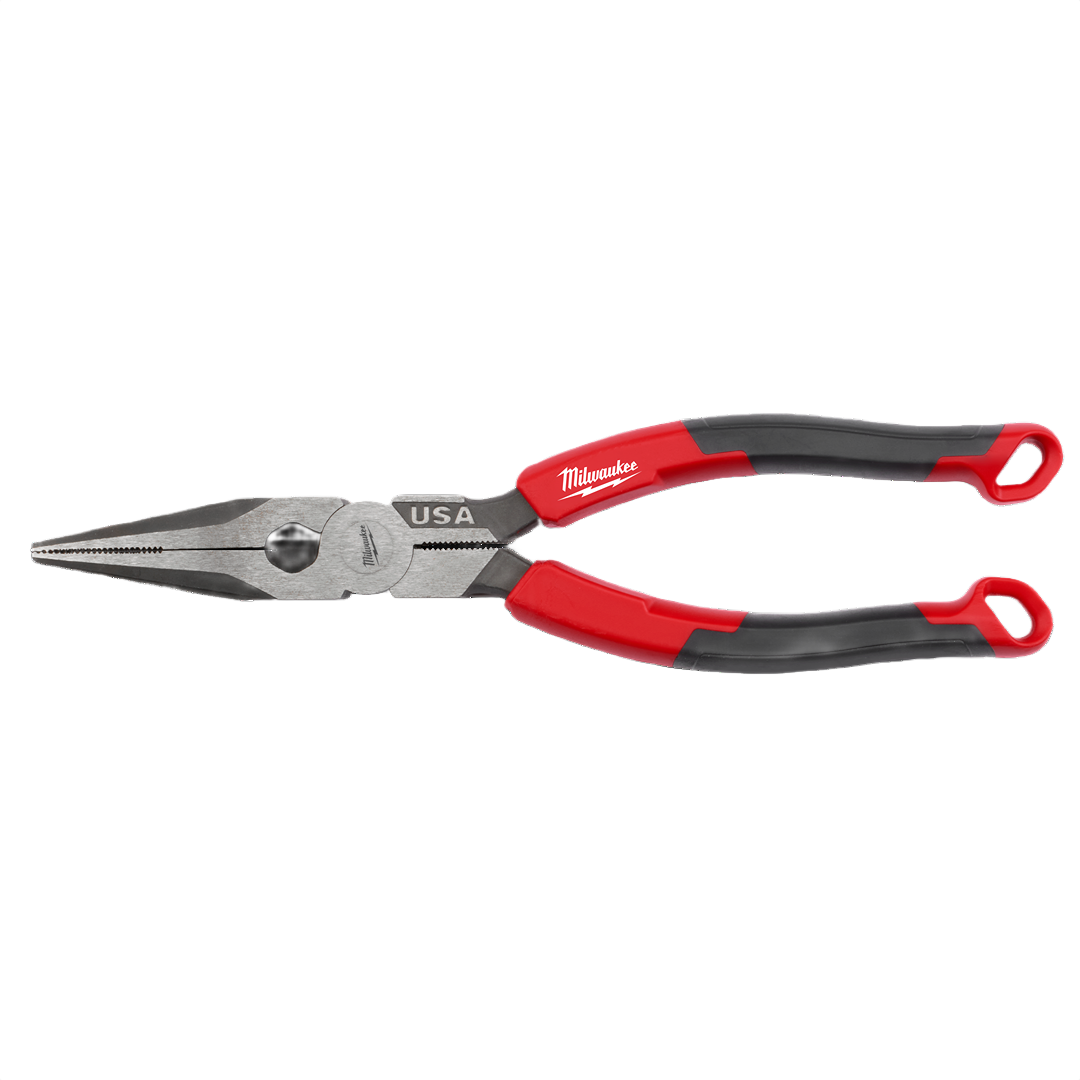 Comfort grip long nose pliers with red and black handles designed for precise gripping in home improvement tasks