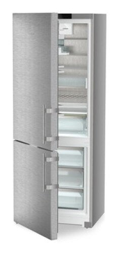 Freestanding stainless steel refrigerator with bottom freezer, adjustable shelves, and ergonomic handles in Appliances collection