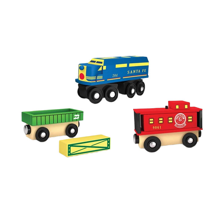 Wooden blue locomotive, red caboose, green cargo car, and yellow crate from a classic toy train set