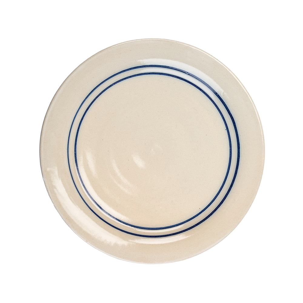 Round stoneware dinner plate with blue stripe circle pattern for dinnerware and kitchenware collections