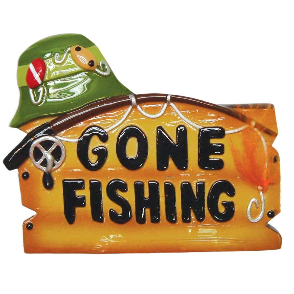Glossy fishing-themed ornament with green tackle hat and "Gone Fishing" text for Christmas Ornaments & Tree Decorations under $50 collection