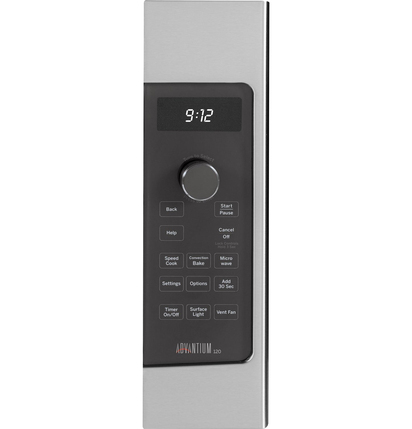 Control panel of a stainless steel Advantium oven featuring digital clock and touch buttons for cooking functions from Kitchen & Kitchenware collection